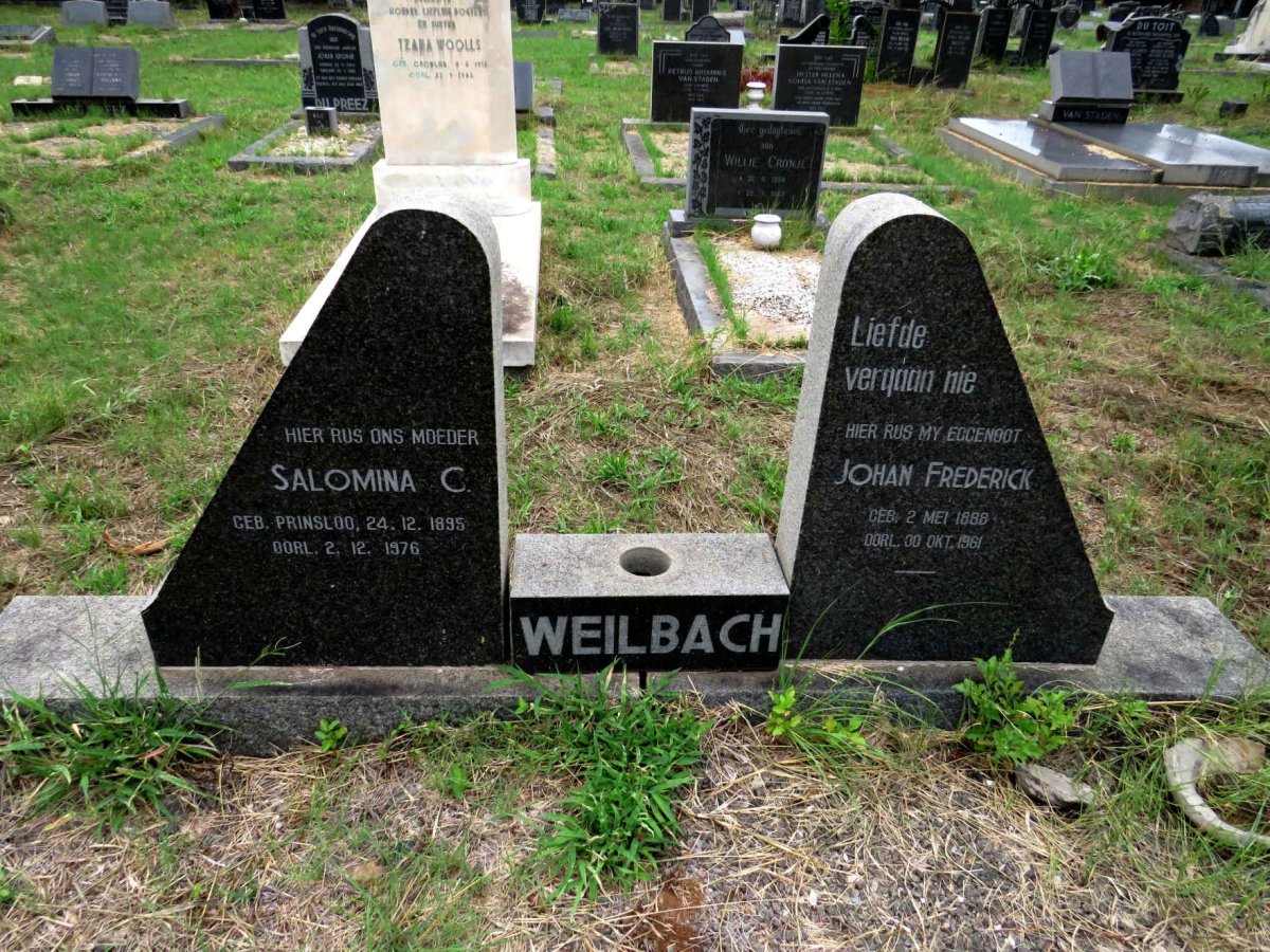 WEILBACH Johan Frederick 1888-1961 & Salomina C. nee PRINSLOO 1895-1976