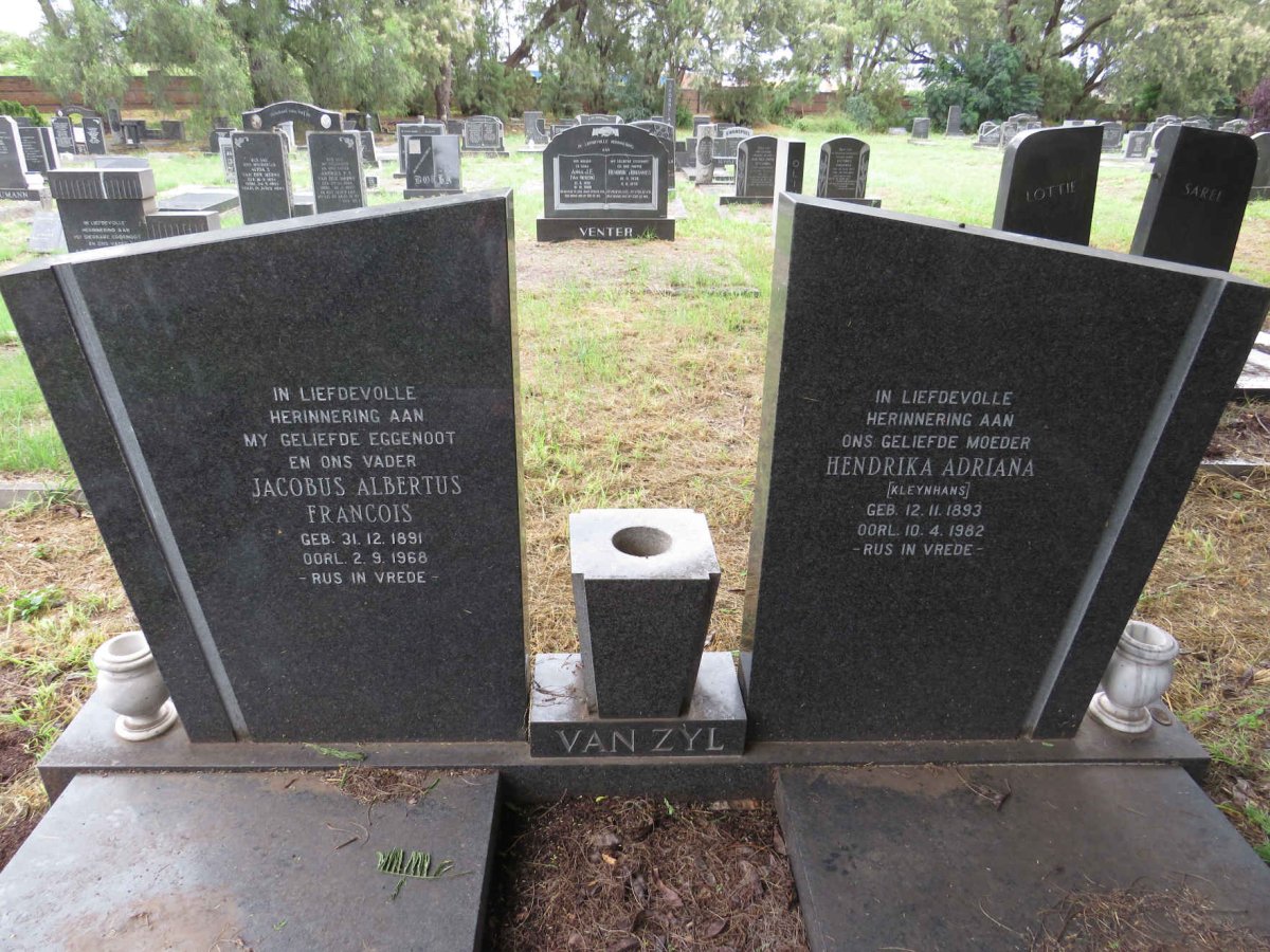 ZYL Jacobus Albertus Francois, van 1891-1968 & Hendrika Adriana KLEYNHANS 1893-1982