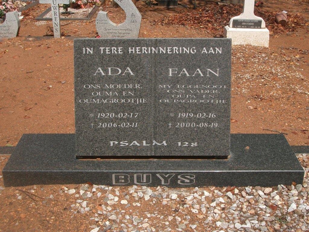 BUYS Faan 1919-2000 &amp; Ada 1920-2006