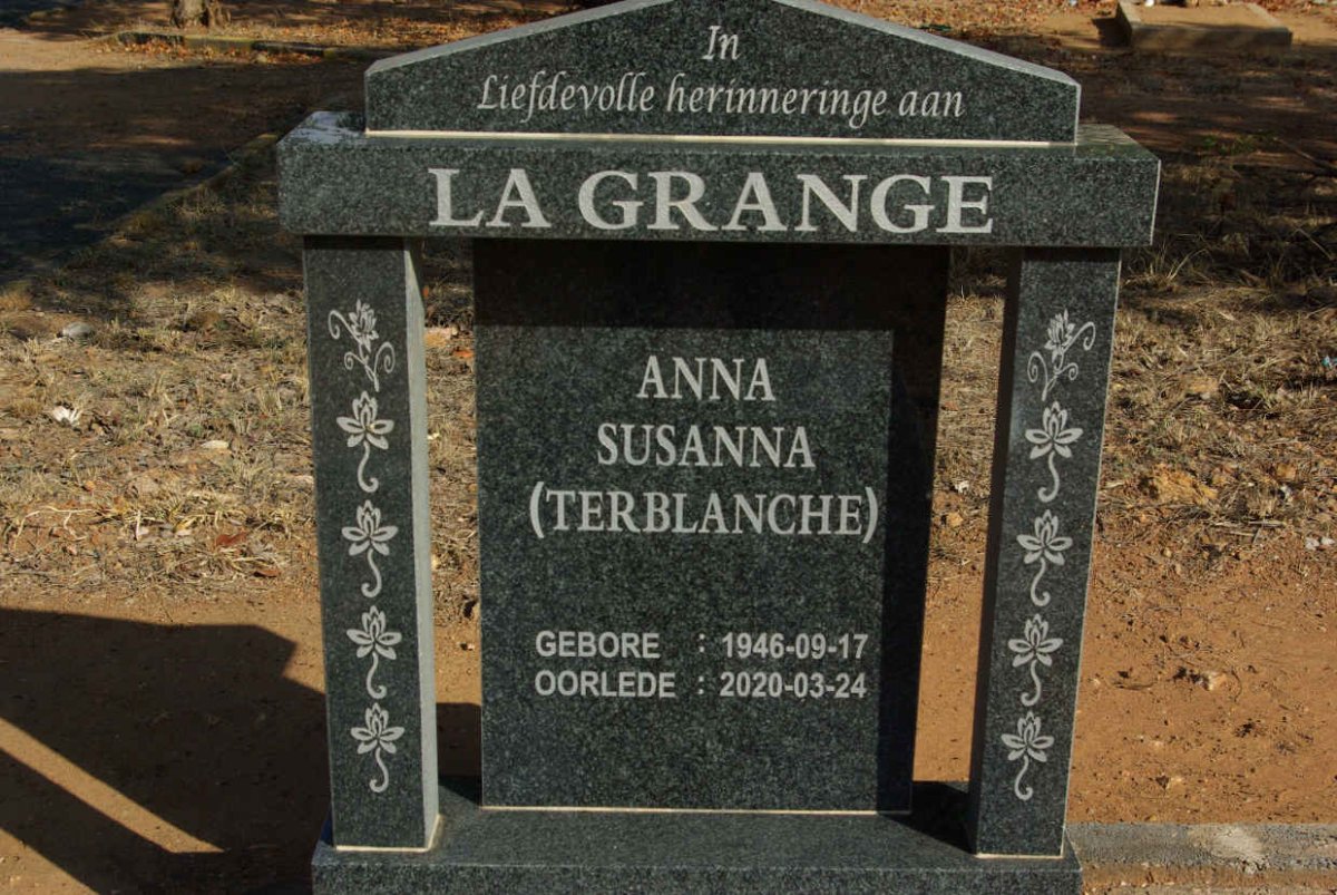 GRANGE Anna Susanna, la nee TERBLANCHE 1946-2020