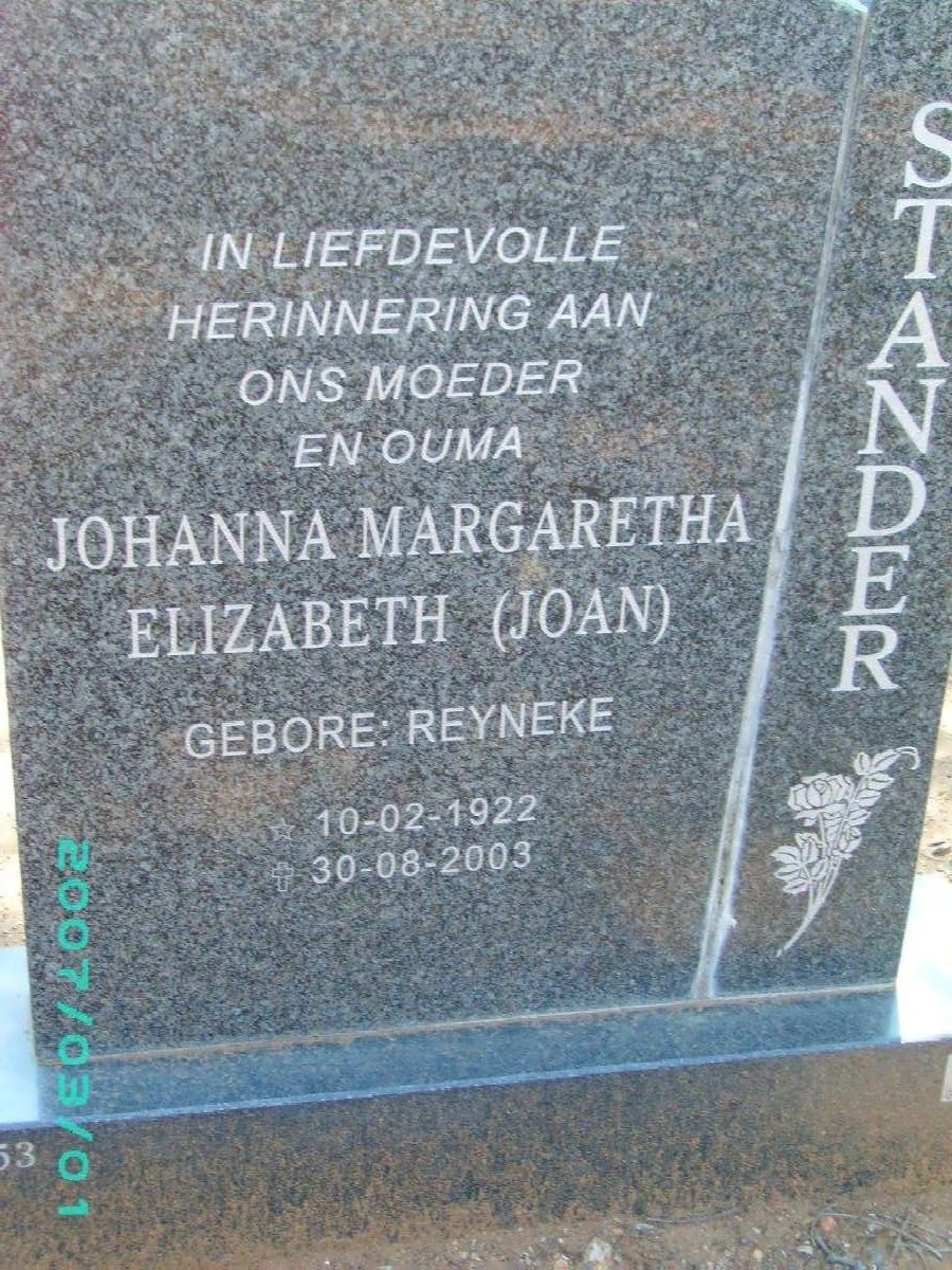 STANDER Johanna Margaretha Elizabeth nee REYNEKE 1922-2003