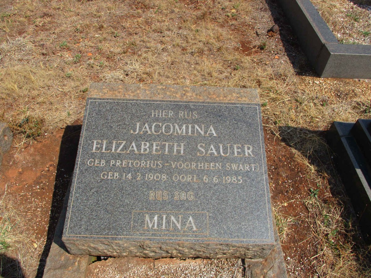 SAUER Jacomina Elizabeth formerly SWART nee PRETORIUS 1908-1985