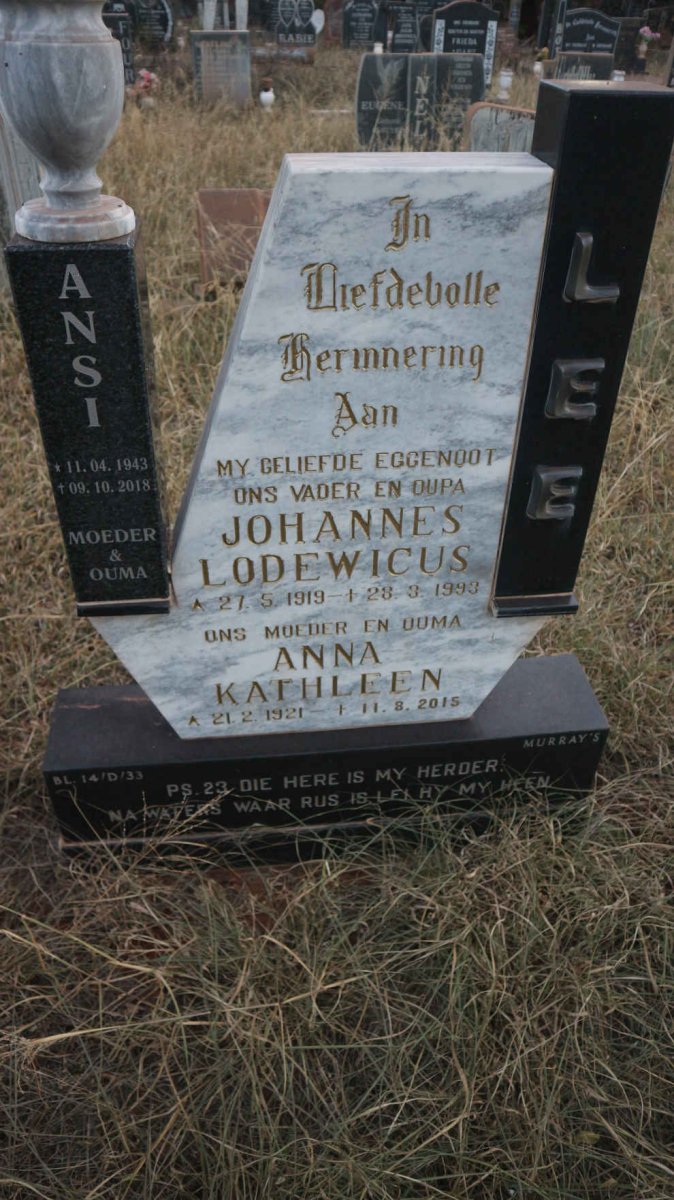 LEE Johannes Lodewicus 1919-1993 &amp; Anna Kathleen 1921-2015 :: LEE Ansi 1943-2018