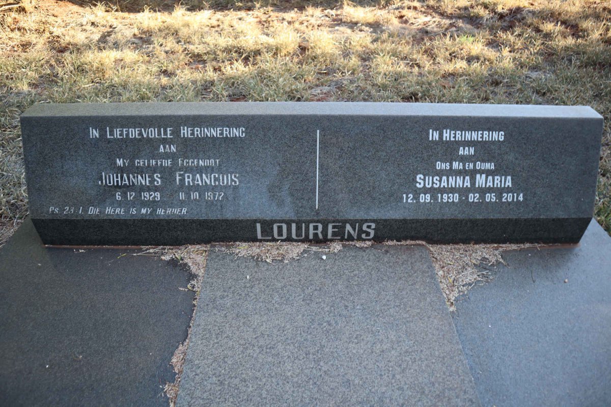 LOURENS Johannes Francois 1929-1972 &amp; Susanna Maria 1930-2014