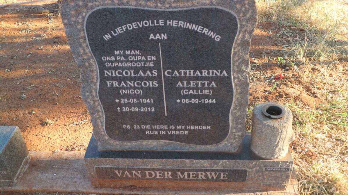 MERWE Nicolaas Francois, van der 1945-2012 &amp; Catharina Aletta 1944-