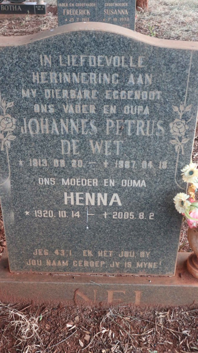 Nel Johannes Petrus de Wet 1913-1987 &amp; Henna 1920-2005