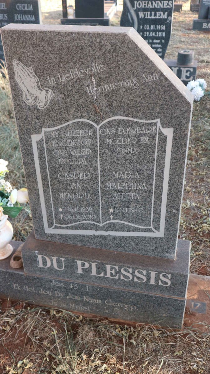PLESSIS Casper Jan Hendrik, du 1938-2010 &amp; Maria Marthina Aletta 1940-