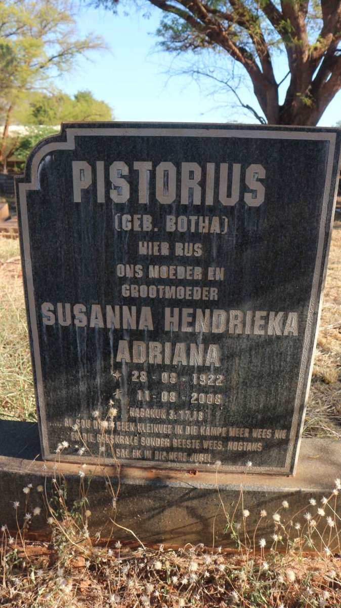 PISTORIUS Susanna Hendrieka Adriana nee BOTHA 1922-2008
