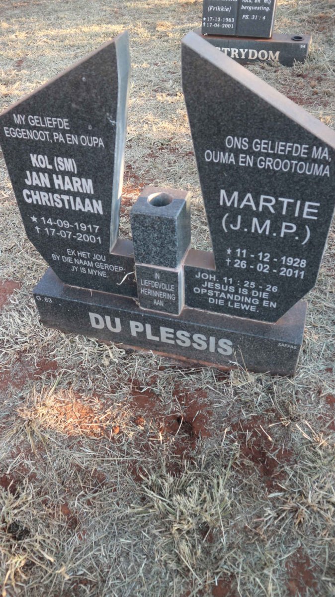 PLESSIS Jan Harm Christiaan, du 1917-2001 &amp; J.M.P. 1928-2011