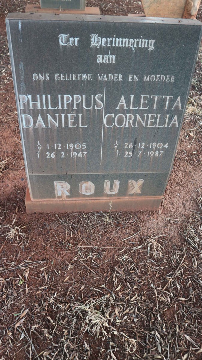 ROUX Philippus Daniel 1905-1967 &amp; Aletta Cornelia 1904-1987