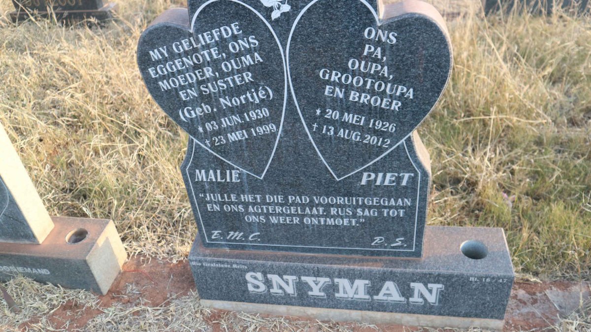 SNYMAN Piet 1926-2012 &amp; Malie NORTJE 1930-1999