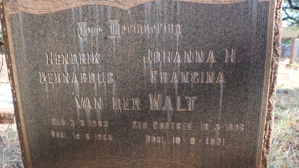 WALT Hendrik Bernardus, van der 1892-1966 &amp; Johanna H. Francina COETSEE 1896-1971