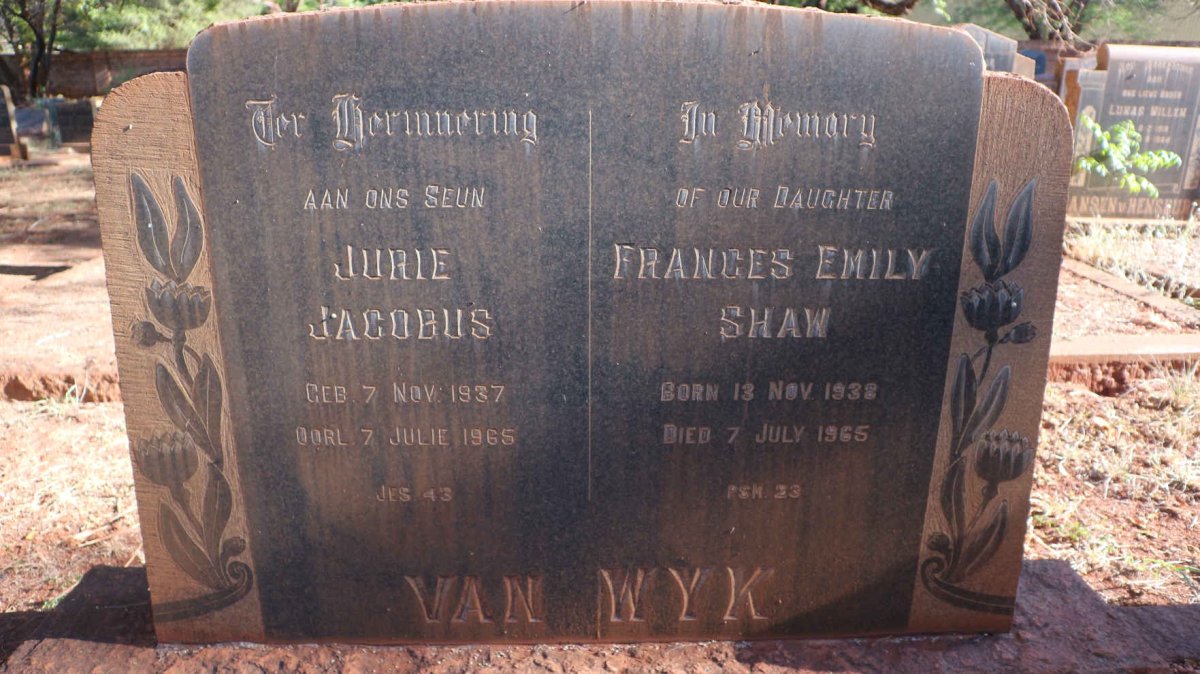 WYK Jurie Jacobus, van 1937-1965 :: VAN WYK Frances Emily nee SHAW 1938-1965