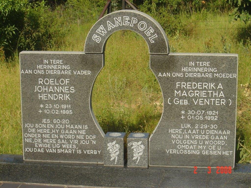 SWANEPOEL Roelof Johannes Hendrik 1911-1995 &amp; Frederika Magrietha VENTER 1921-1992