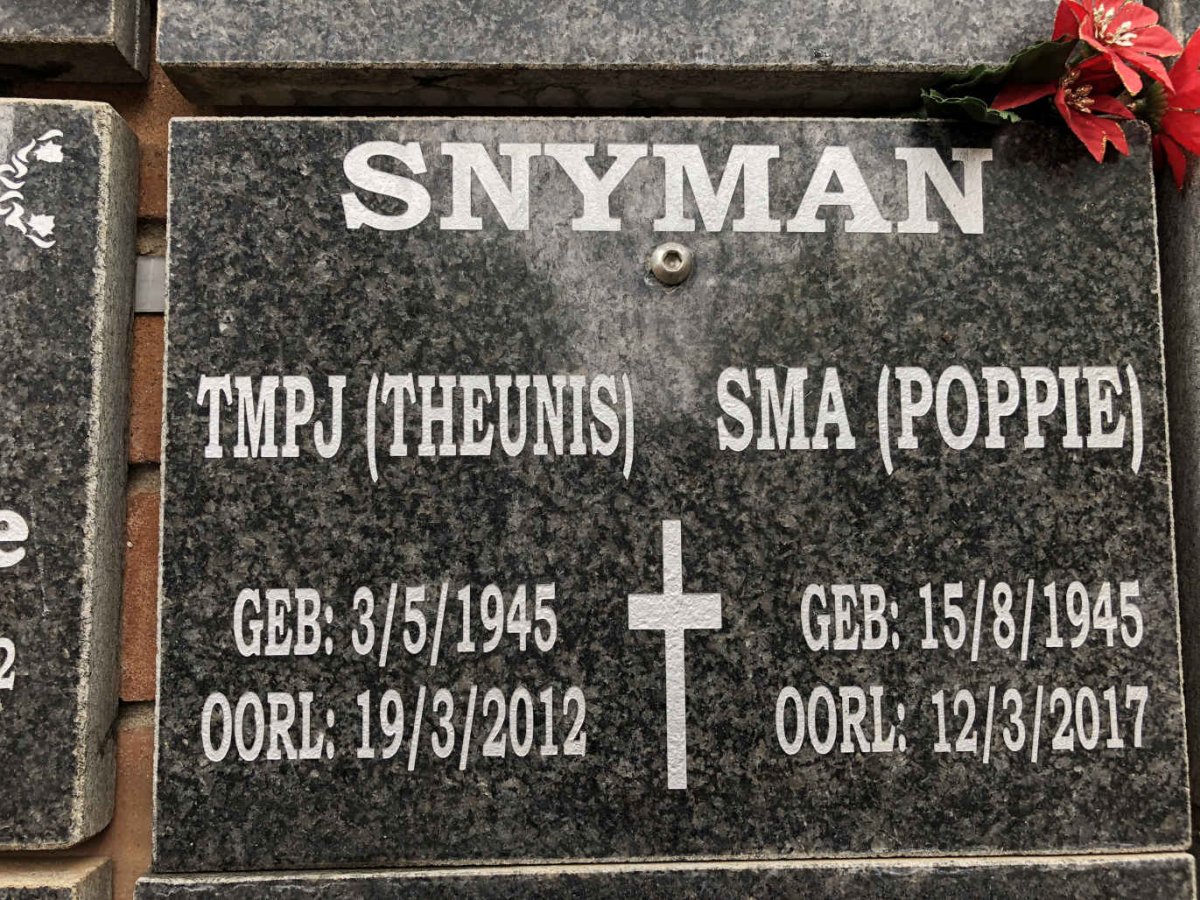 SNYMAN T.M.P.J. 1945-2012 &amp; S.M.A. 1945-2017