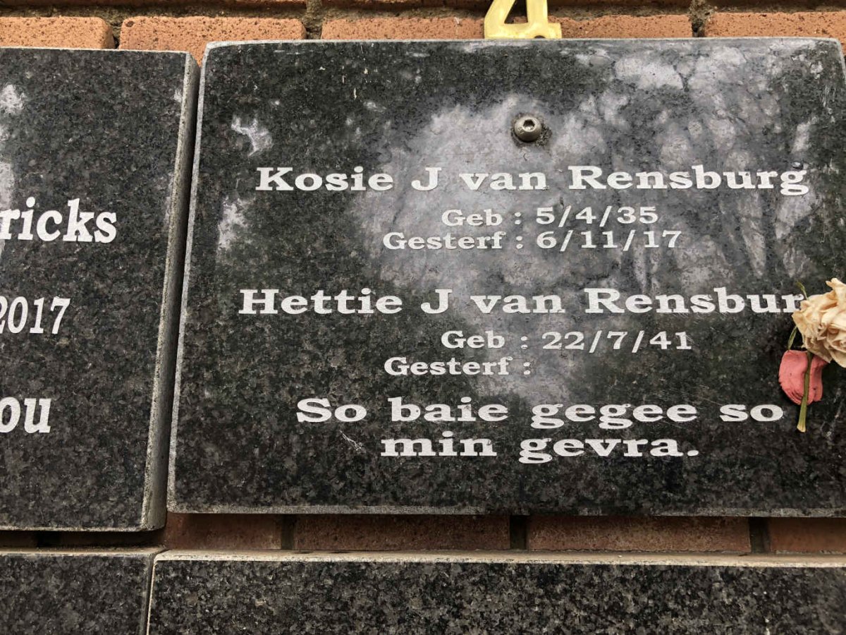 RENSBURG Kosie, J. van 1935-2017 &amp; Hettie 1941-