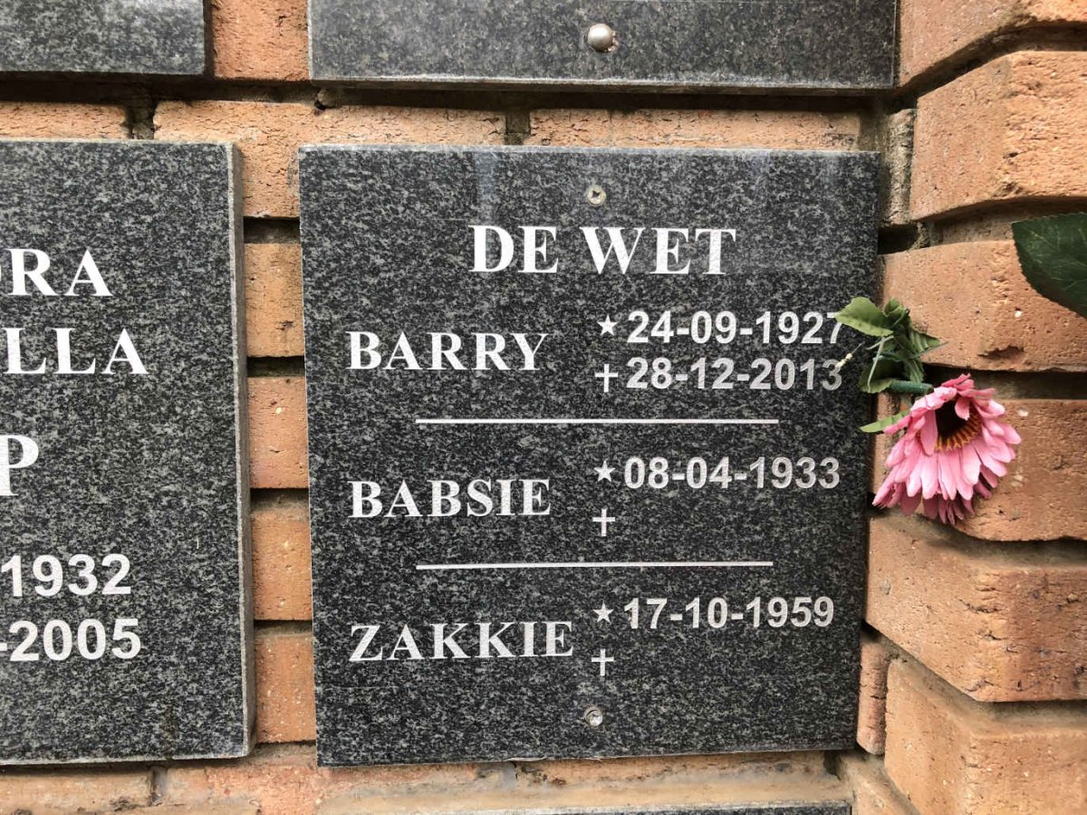 WET Barry, de 1927-2013 &amp; Babsie 1933- :: DE WET Zakkie 1959-