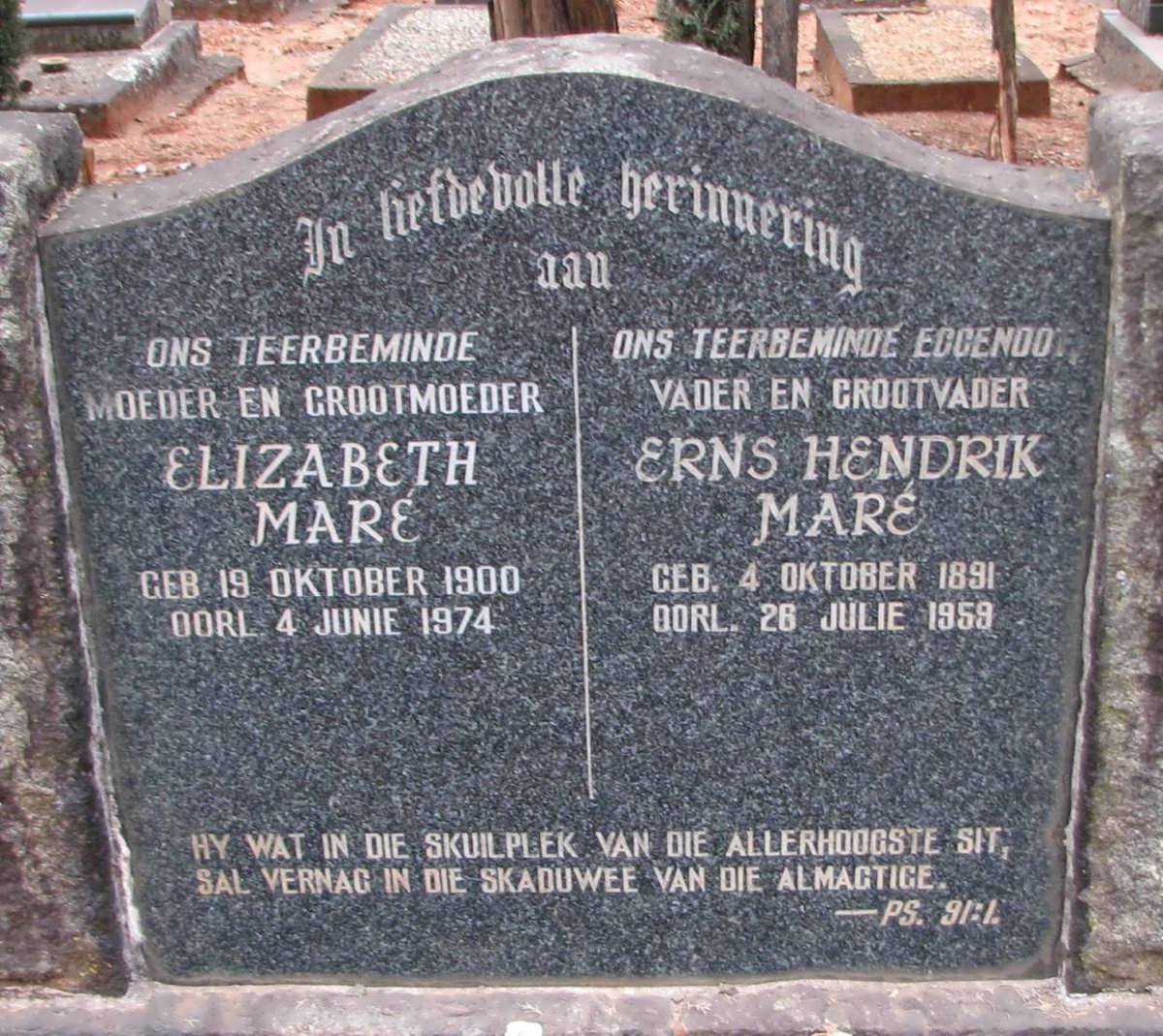 MARE Erns Hendrik 1891-1959 &amp; Elizabeth 1900-1974
