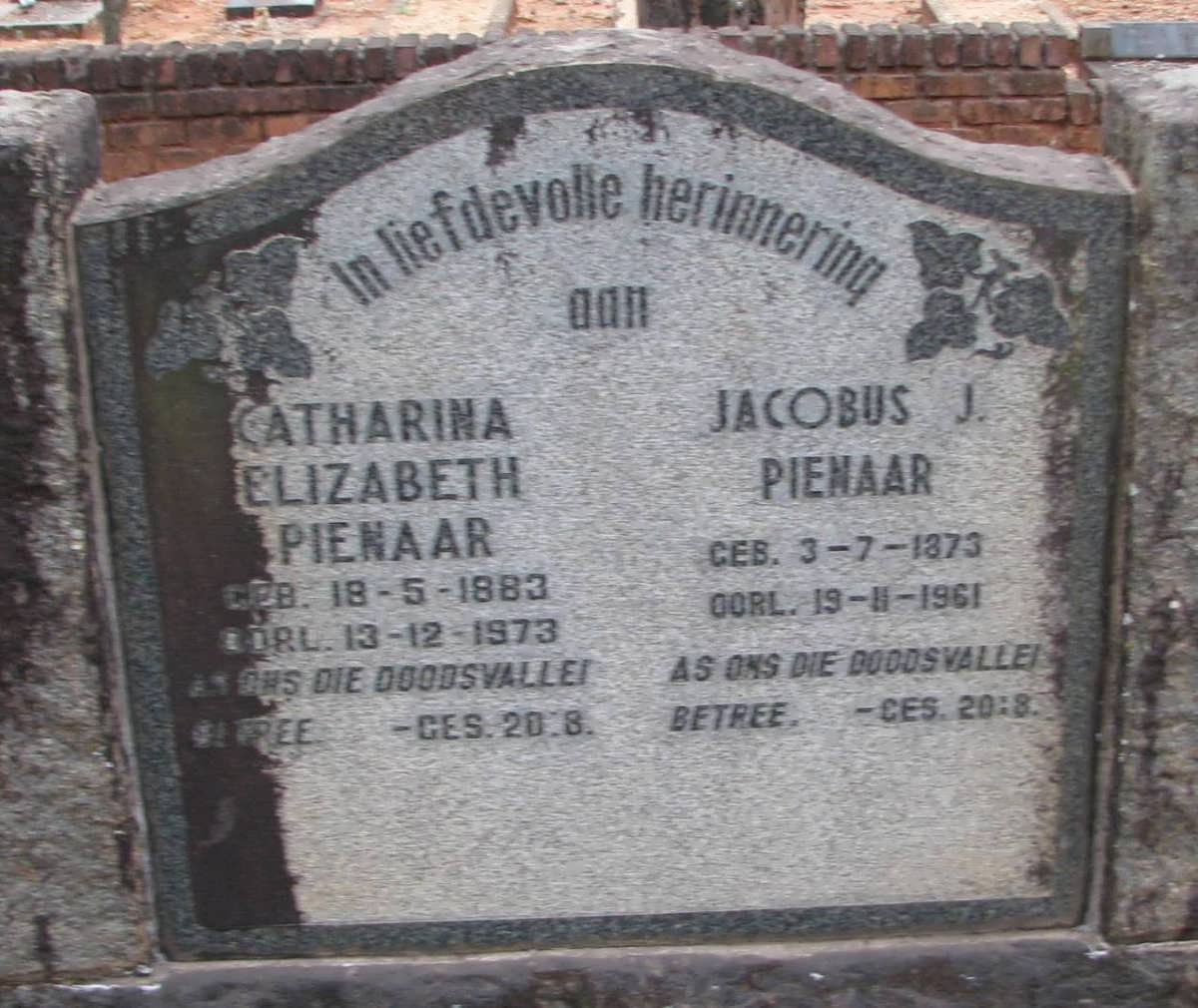 PIENAAR Jacobus J. 1873-1961 &amp; Catharina Elizabeth 1883-1973