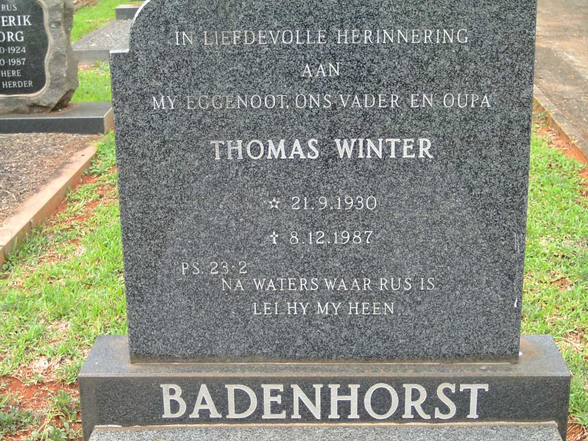 BADENHORST Thomas Winter 1930-1987