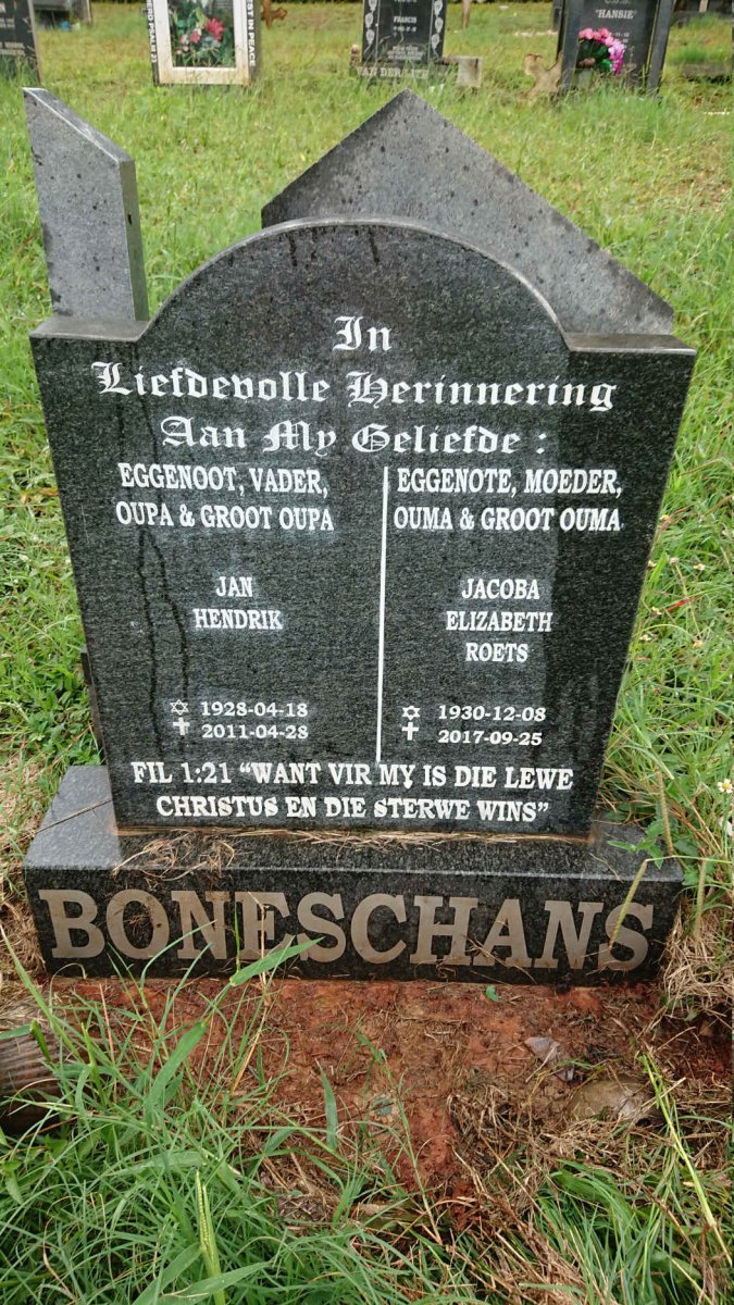 BONESCHANS Jan Hendrik 1928-2011 &amp; Jacoba Elizabeth ROETS 1930-2017