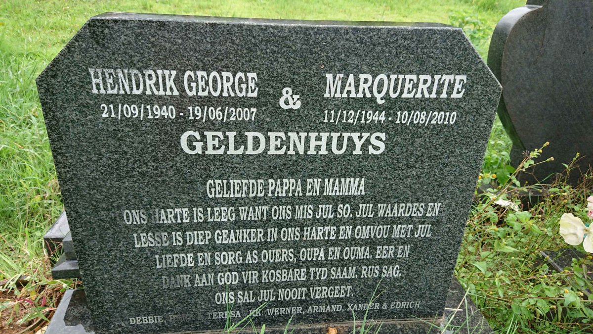 GELDENHUYS Hendrik George 1940-2007 &amp; Marquerite 1944-2010