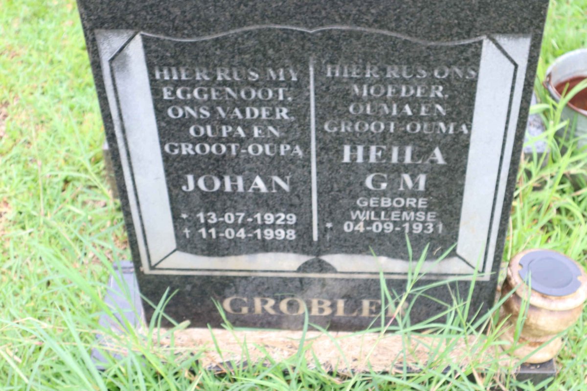 GROBLER Johan 1929-1998 &amp; Heila G.M. nee WILLEMSE 1931-
