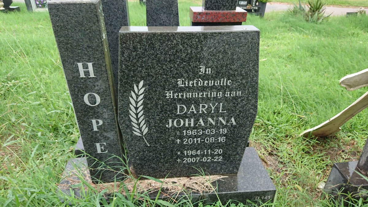 HOPE Daryl 1963-2011 &amp; Johanna 1964-2007