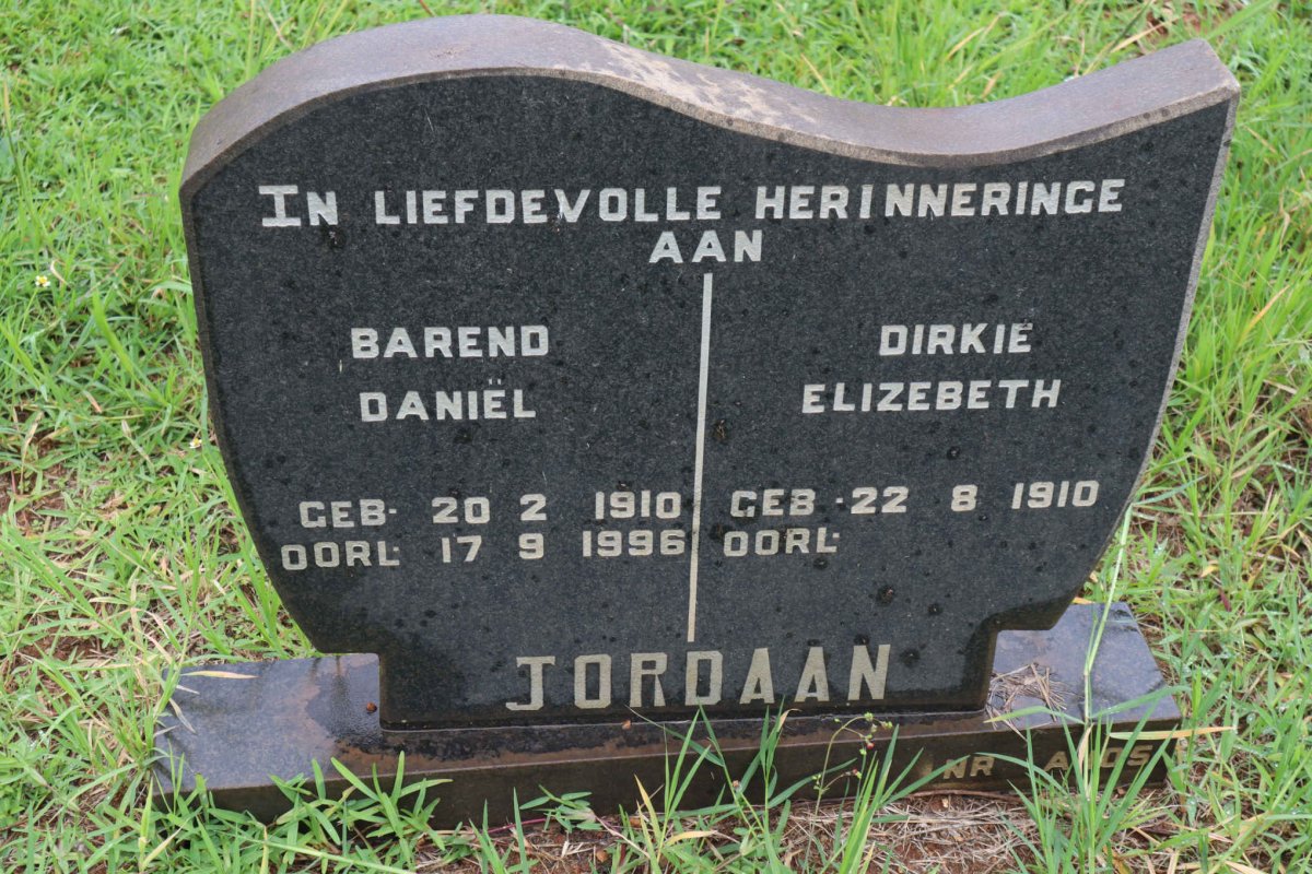 JORDAAN Barend Daniel 1910-1996 &amp; Dirkie Elizebeth 1910-