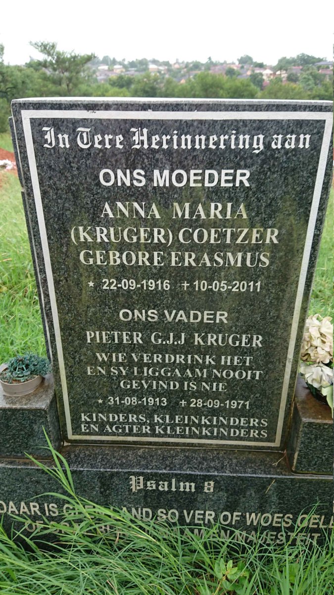 KRUGER Pieter G.J.J. 1913-1971 &amp; Anna Maria voorheen COETZER nee ERASMUS 1916-2011