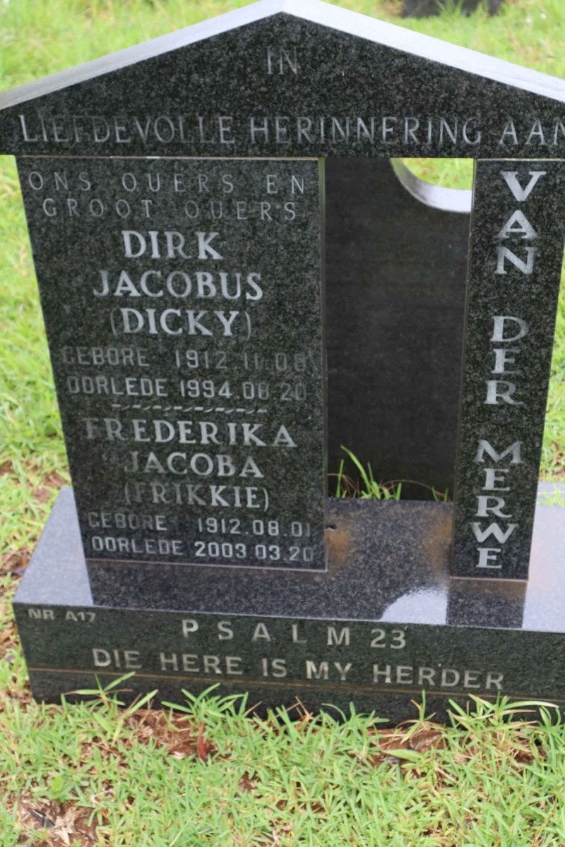 MERWE Dirk Jacobus, van der 1912-1994 &amp; Frederika Jacoba 1912-2003