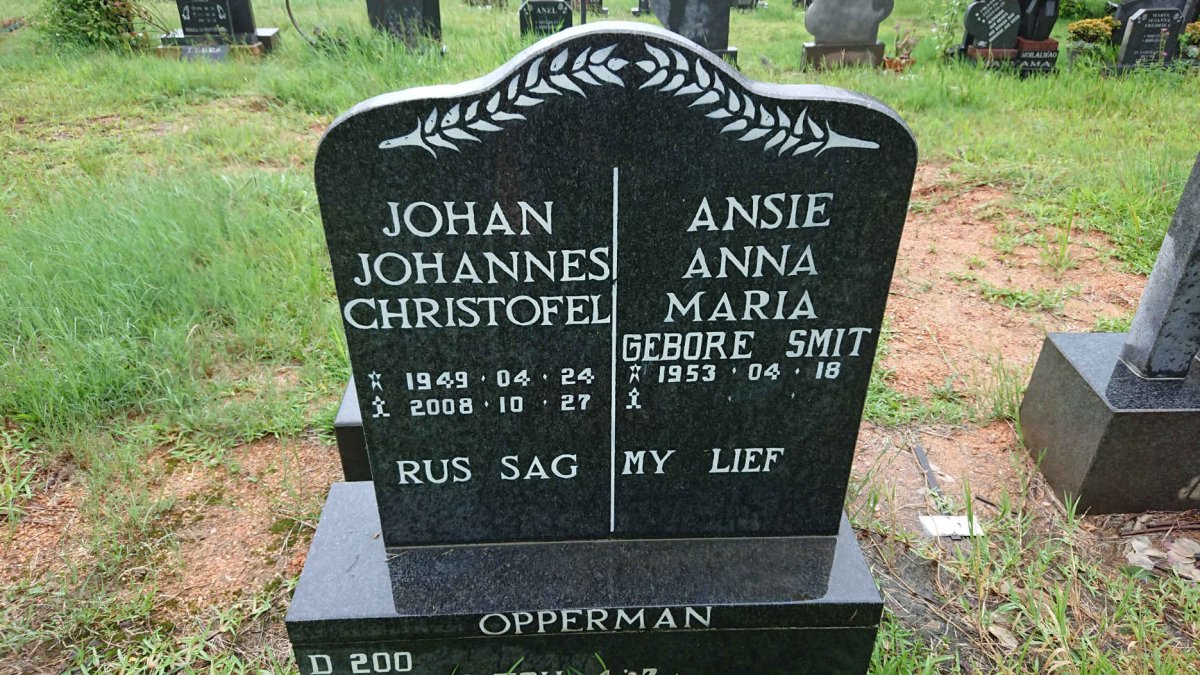 OPPERMAN Johannes Christoffel 1949-2008 &amp; Anna Maria SMIT 1953-