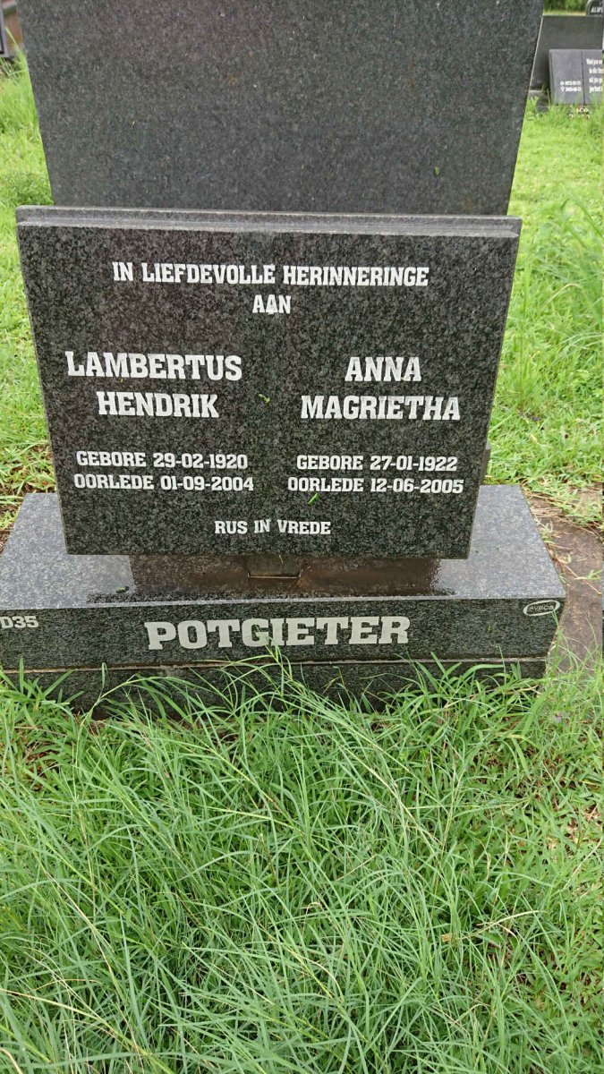 POTGIETER Lambertus Hendrik 1920-2004 &amp; Anna Magrietha 1922-2005