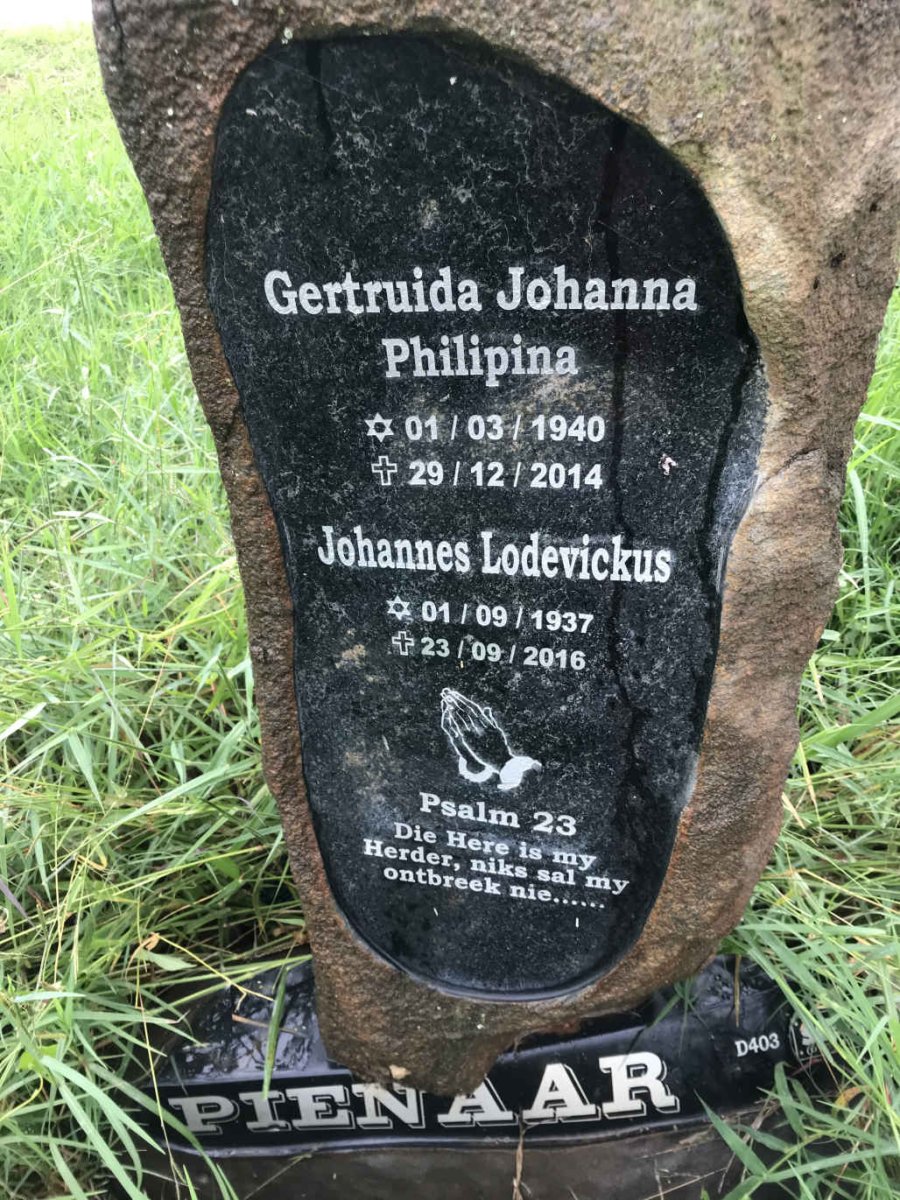 PIENAAR Johannes Lodevickus 1937-2016 &amp; Gertruida Johanna Philipina 1940-2014