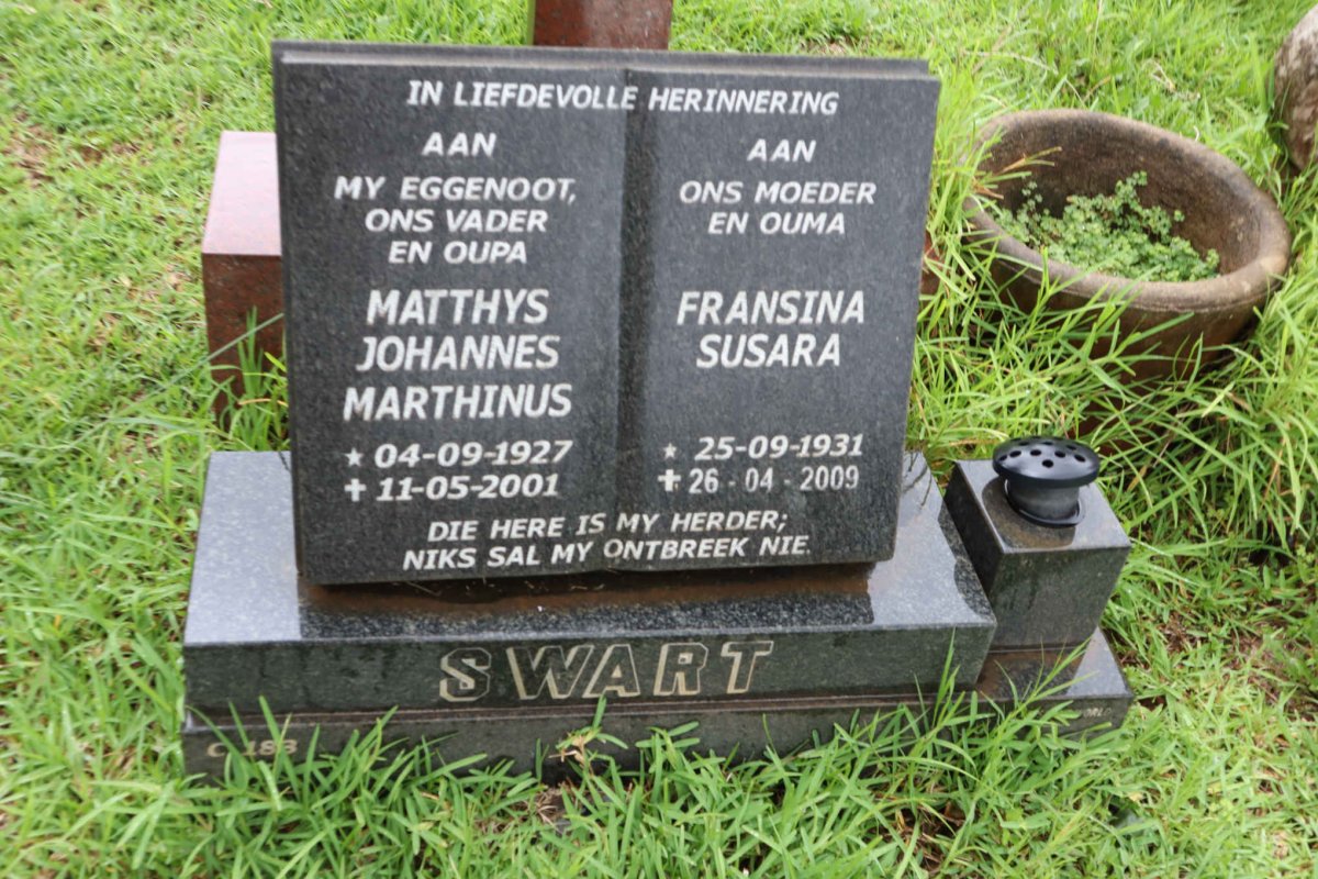 SWART Matthys Johannes Marthinus 1927-2001 &amp; Fransina Susara 1931-2009