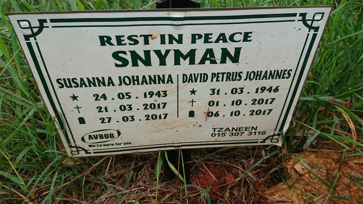 SNYMAN David Petrus Johannes 1946-2017 &amp; Susanna Johanna 1943-2017
