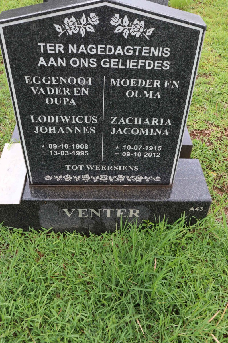 VENTER Lodewicus Johannes 1908-1995 &amp; Zachariah Jacomina 1915-2012