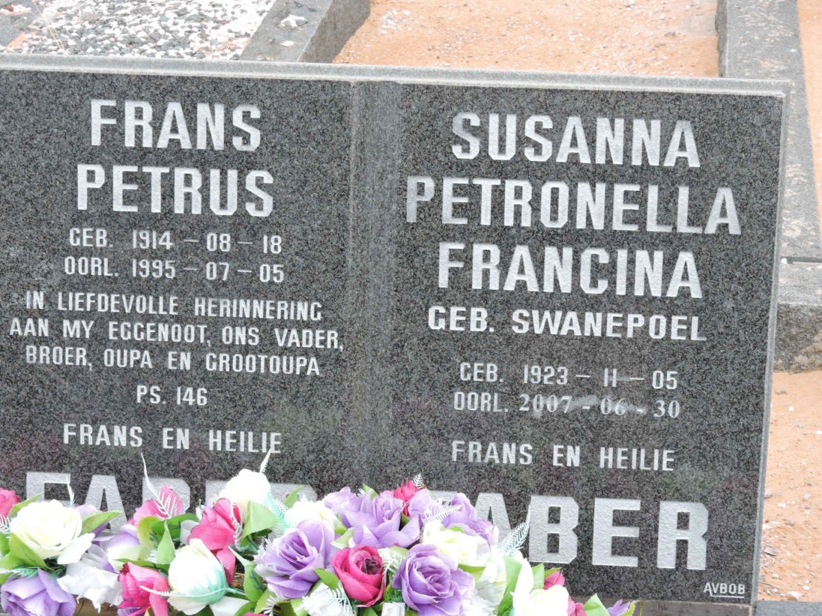 FABER Frans Petrus 1914-1995 &amp; Susanna Petronella Francina SWANEPOEL 1923-2007