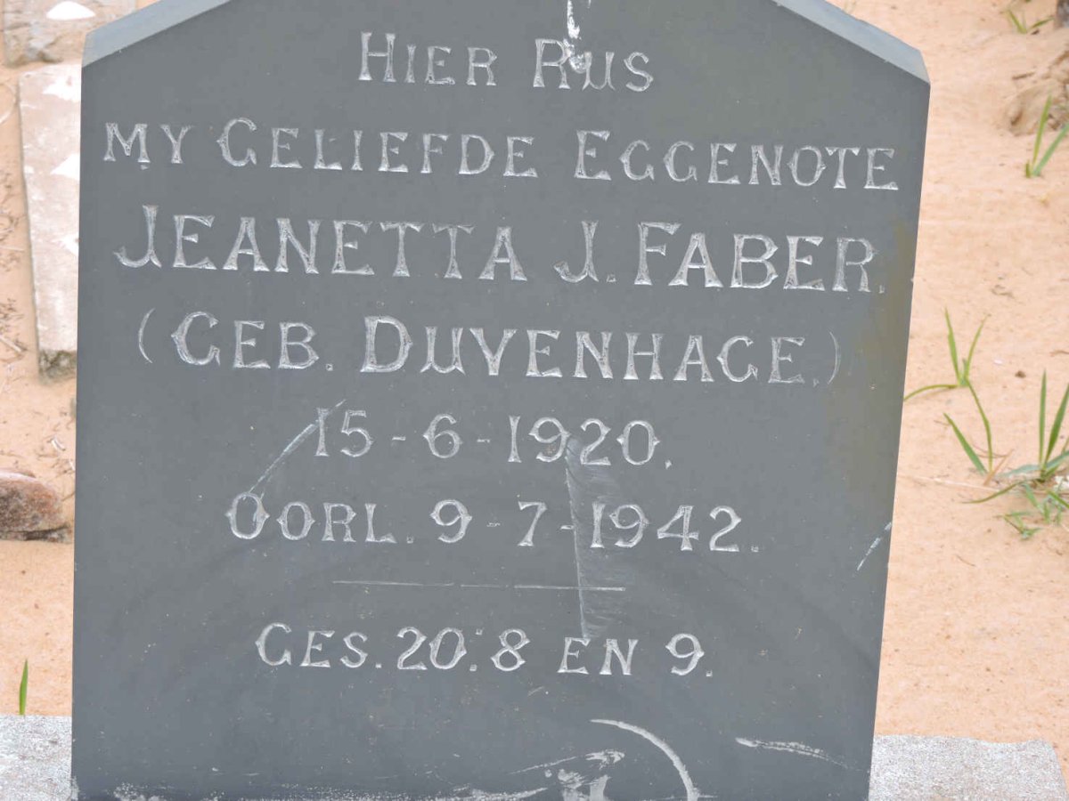 FABER Jeanetta J. nee DUVENHAGE 1920-1942
